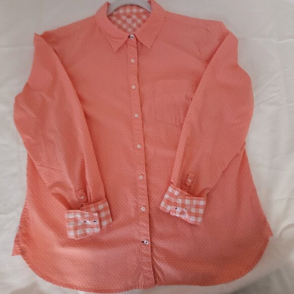 Polka Dot Long Sleeve Shirt Orange Peach Colored Blouse Size L - Picture 9 of 16